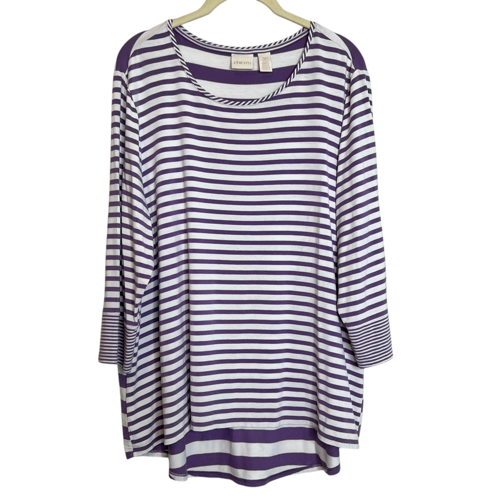 Chicos Womens Knit Top XL Petite Purple White Striped Tee Chicos Size 3P